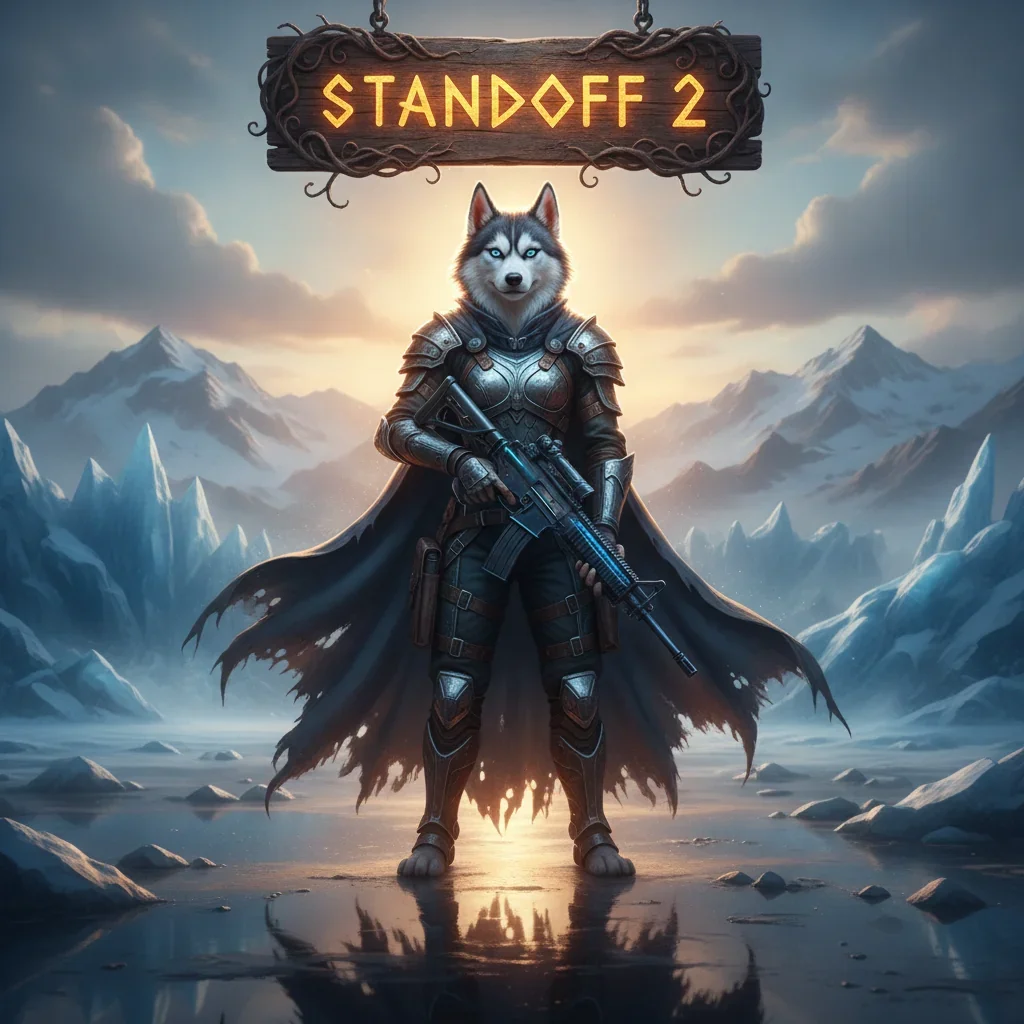 Fantasy game-inspired artwork featuring an anthropomorphic husky character in an epic, action-oriented pose.