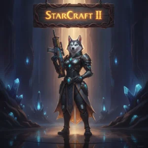A fantasy game-inspired image featuring an anthropomorphic Husky character in armor, representing StarCraft II boosting.