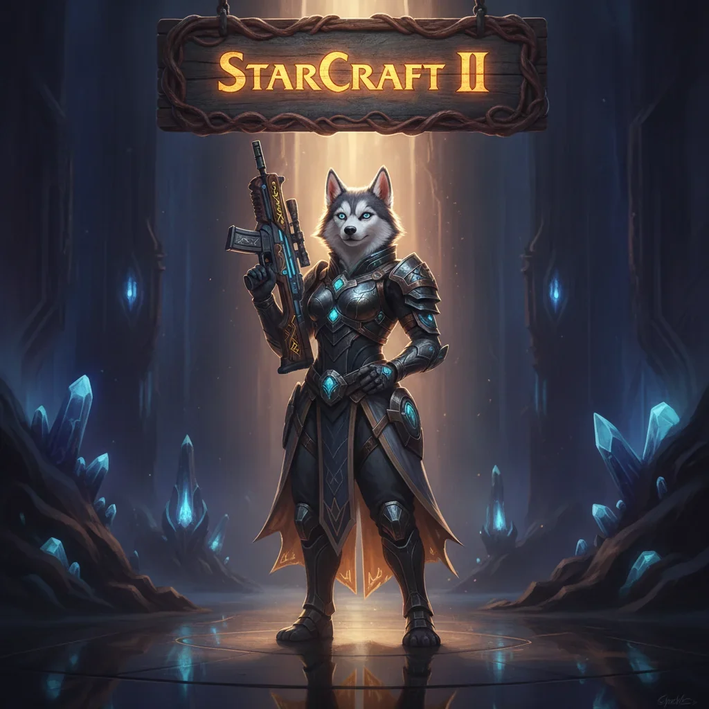 A fantasy game-inspired image featuring an anthropomorphic Husky character in armor, representing StarCraft II boosting.
