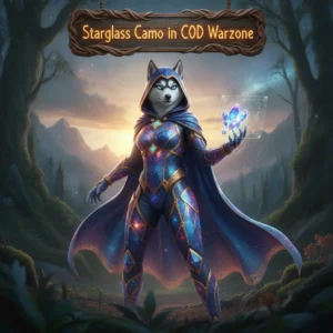 A fantasy artwork with an anthropomorphic Husky character in an ornate, themed outfit, representing Starglass Camo cosmetic unlock objectives. The mystical environment supports the unique visual customization content.