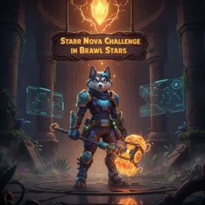 Fantasy artwork representing the Starr Nova Challenge featuring an anthropomorphic Husky character in themed attire amidst a vibrant, cosmic game-inspired environment. The scene is connected to challenge-related content and objectives within the game.