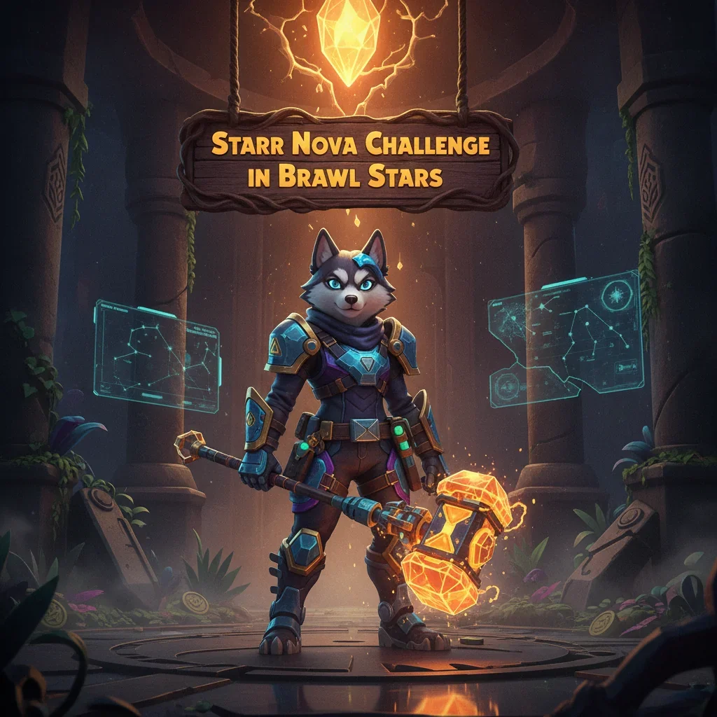 Fantasy artwork representing the Starr Nova Challenge featuring an anthropomorphic Husky character in themed attire amidst a vibrant, cosmic game-inspired environment. The scene is connected to challenge-related content and objectives within the game.