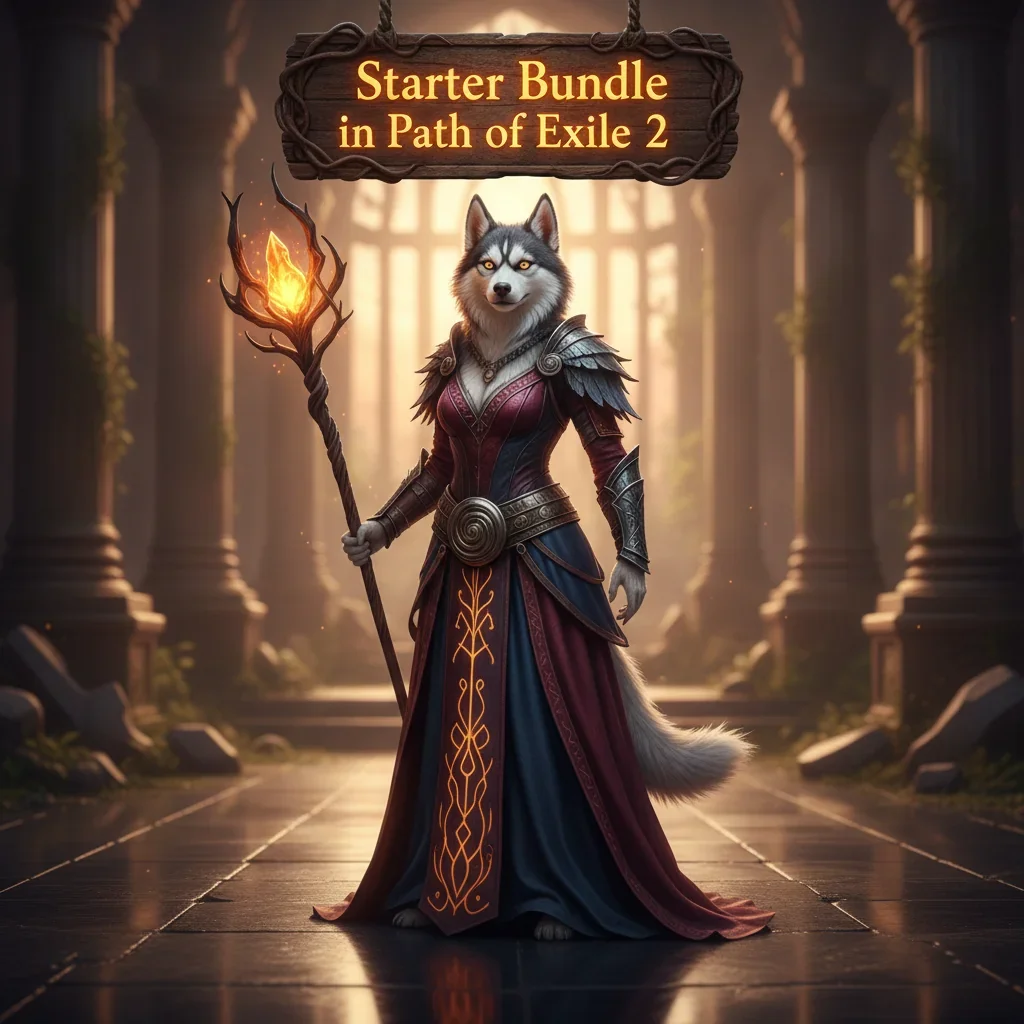 An anthropomorphic Husky character in ornate fantasy armor, representing early game advantages and content from a Path of Exile 2 Starter Bundle.