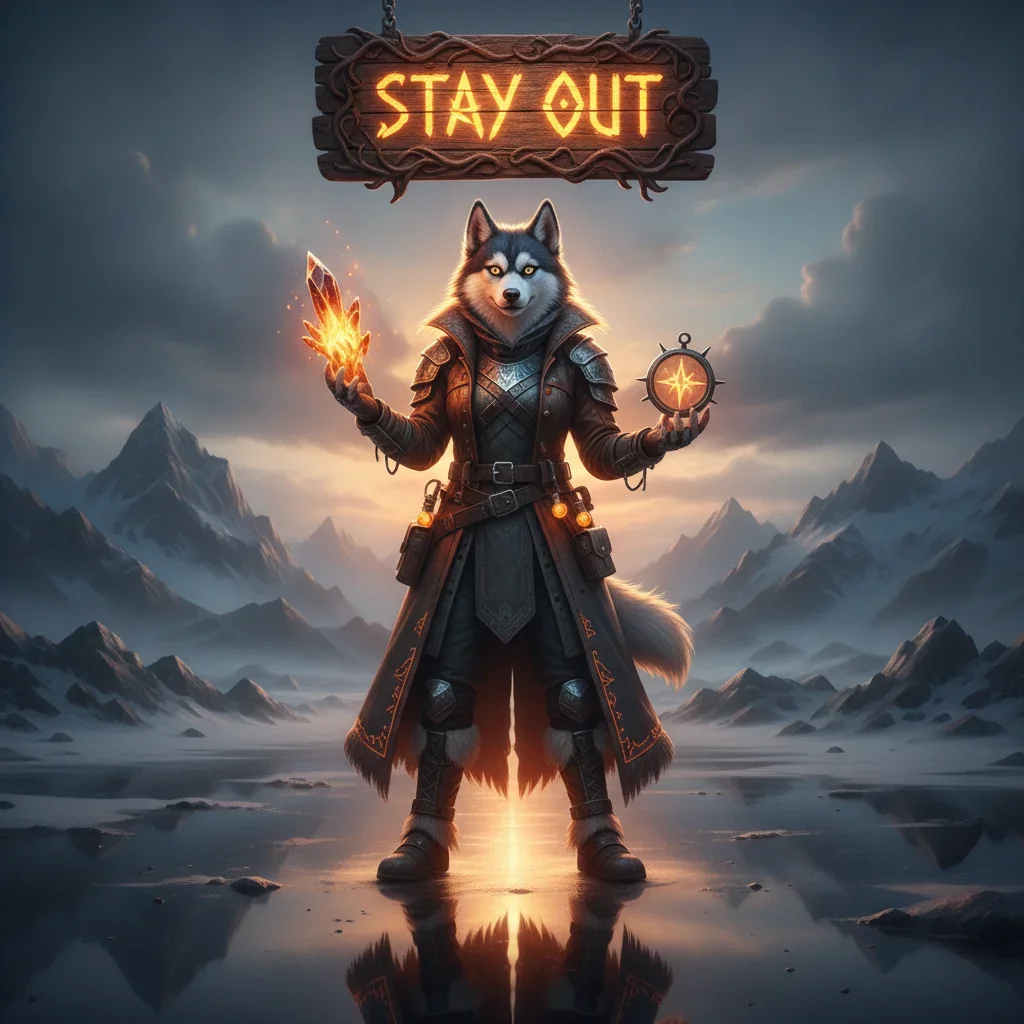 An anthropomorphic Husky character in a fantasy setting, representing content related to Stay Out boosting services and objectives.