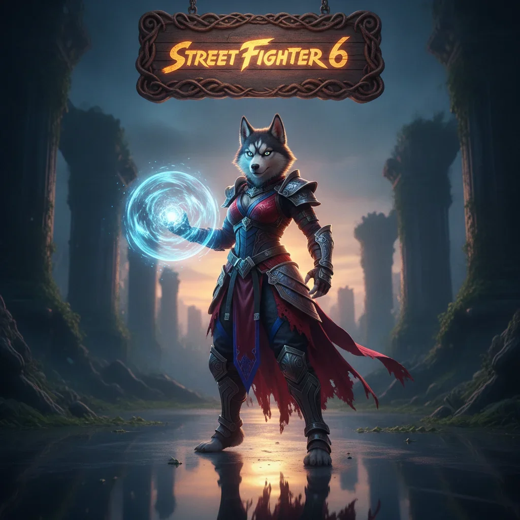 Fantasy artwork of an anthropomorphic husky character in a themed outfit, representing Street Fighter 6 objectives.