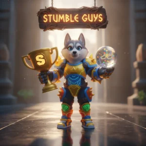 Fantasy game-inspired artwork featuring an anthropomorphic husky character related to Stumble Guys progression and objectives.
