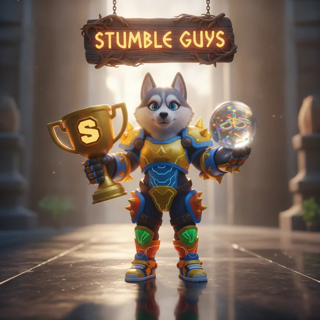 Fantasy game-inspired artwork featuring an anthropomorphic husky character related to Stumble Guys progression and objectives.