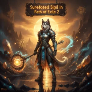 Fantasy artwork featuring an anthropomorphic Husky character in fantasy armor, inspired by Surefooted Sigil Boost content in Path of Exile 2, set in a mystical game environment.