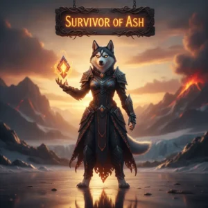Anthropomorphic husky character in armor in a desolate, ashy landscape. Artwork representing 'Survivor of Ash' content and challenges from Black Ops 7.