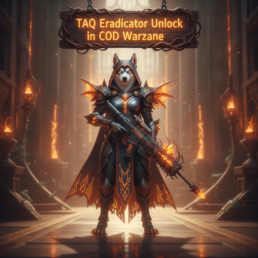 Fantasy artwork with an anthropomorphic husky in themed armor, representing TAQ Eradicator weapon acquisition content in COD Warzone.