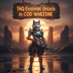 Fantasy artwork featuring an anthropomorphic husky in tactical-fantasy gear, representing TAQ Evolvere weapon unlock content and objectives in a Warzone-inspired setting.