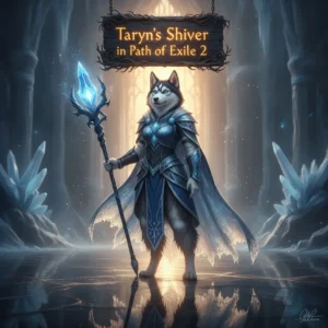 Fantasy artwork for Path of Exile 2, featuring an anthropomorphic husky character in frost-themed armor, representing Shiver Boost content and cold-related abilities in a mystical environment.
