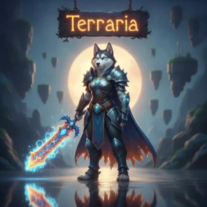 Fantasy game-inspired artwork featuring an anthropomorphic husky character in an adventurer outfit, representing Terraria content.