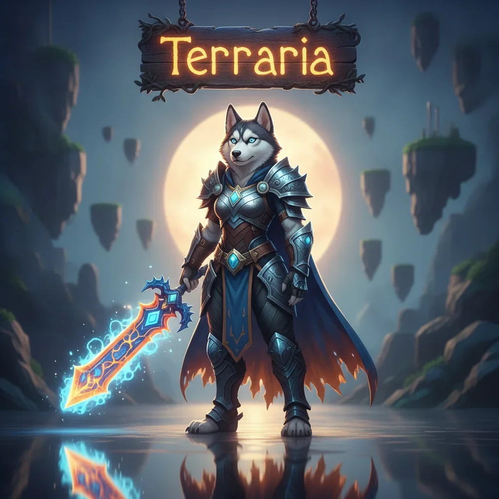 Fantasy game-inspired artwork featuring an anthropomorphic husky character in an adventurer outfit, representing Terraria content.