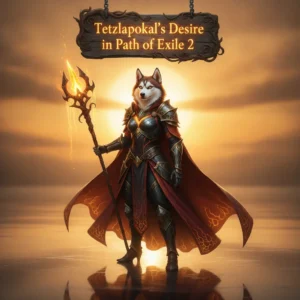 An anthropomorphic Husky character wearing elaborate fantasy attire stands in artwork inspired by Tetzlapokal’s Desire Boost content in Path of Exile 2, representing significant in-game objectives and power advancement.