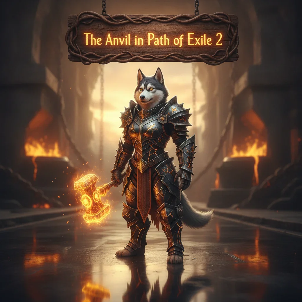 Fantasy artwork featuring an anthropomorphic husky in a forge, focused on the Anvil Boost and equipment progression objectives in Path of Exile 2.
