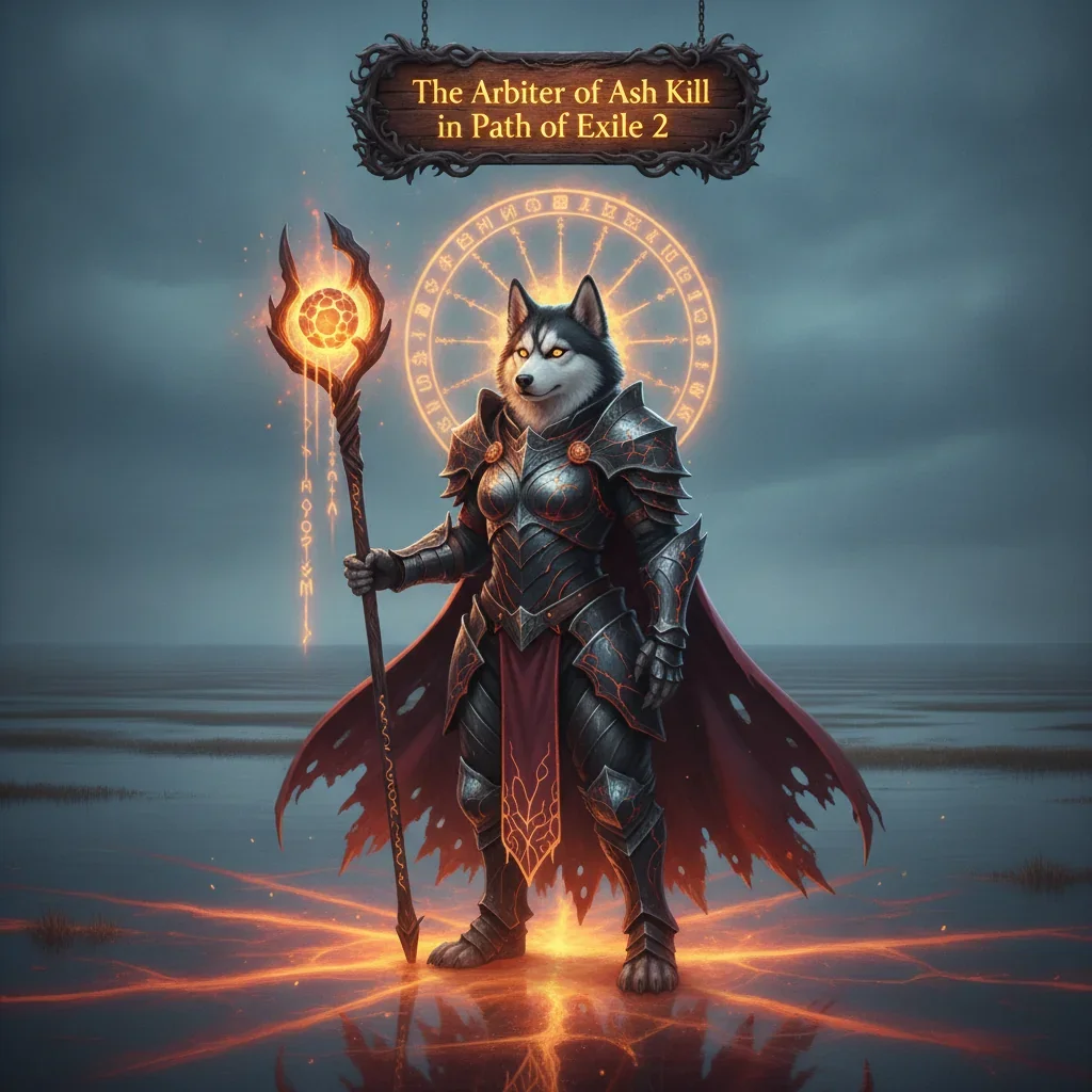 Fantasy artwork featuring an anthropomorphic Husky character in dark armor, surrounded by ash and ruins, themed around the Arbiter of Ash kill boost content in Path of Exile 2.