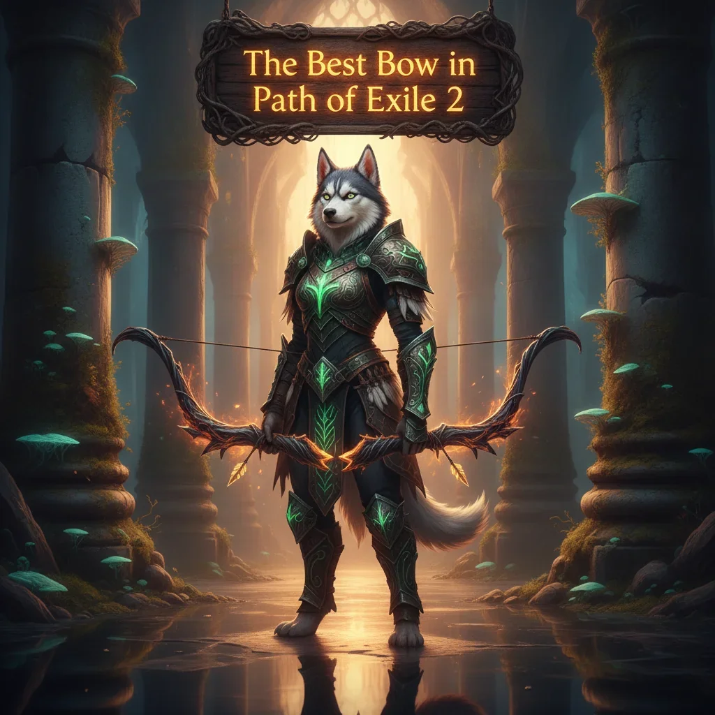 Fantasy artwork featuring an anthropomorphic Husky in detailed fantasy armor, representing bow character development and build optimization for Path of Exile 2 content.