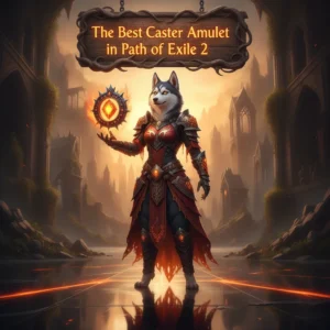Fantasy artwork inspired by Path of Exile 2, featuring an anthropomorphic Husky character in arcane robes, surrounded by magical energy, representing optimal caster amulet power.