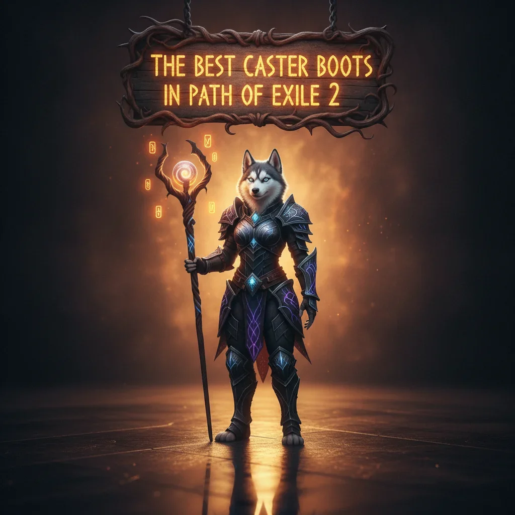 An anthropomorphic Husky character in fantasy robes stands amidst magical effects, representing powerful caster boots and character progression in Path of Exile 2 content.