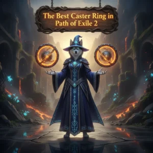 Fantasy artwork featuring an anthropomorphic Husky character in magical robes, representing Caster Ring optimization and spellcaster build enhancement in Path of Exile 2.