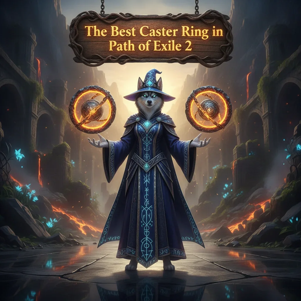 Fantasy artwork featuring an anthropomorphic Husky character in magical robes, representing Caster Ring optimization and spellcaster build enhancement in Path of Exile 2.