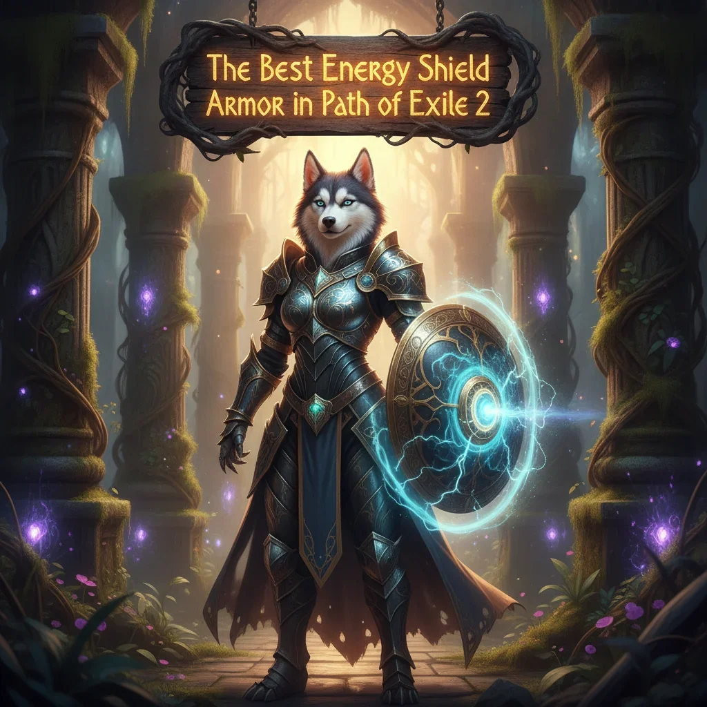 Fantasy game artwork featuring an anthropomorphic Husky in glowing, robust armor, representing Energy Shield armor boost content and character defense systems in Path of Exile 2. The scene emphasizes powerful gear enhancement.