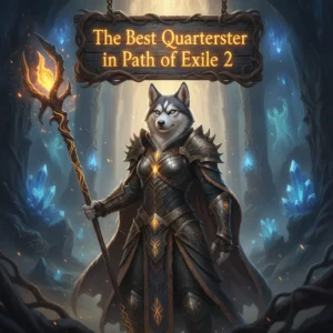 Anthropomorphic Husky character in detailed fantasy armor, standing in a mystical game environment, themed around Path of Exile 2 quarterstaff power boost content.