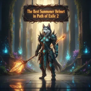 Fantasy artwork depicting an anthropomorphic husky in intricate armor, representing Path of Exile 2 summoner helmet upgrades and character power enhancement content.