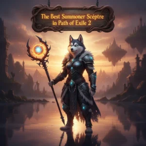 Fantasy artwork featuring an anthropomorphic Husky character, themed around potent summoner builds and equipment enhancements in Path of Exile 2's dark world.