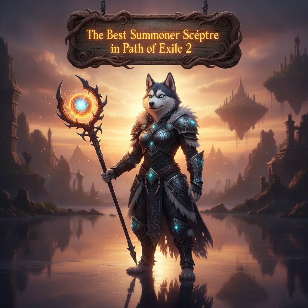 Fantasy artwork featuring an anthropomorphic Husky character, themed around potent summoner builds and equipment enhancements in Path of Exile 2's dark world.