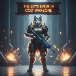 An anthropomorphic Husky character in heroic fantasy armor stands ready, representing a special "The Boys" themed seasonal event and its challenges in a fantasy setting.