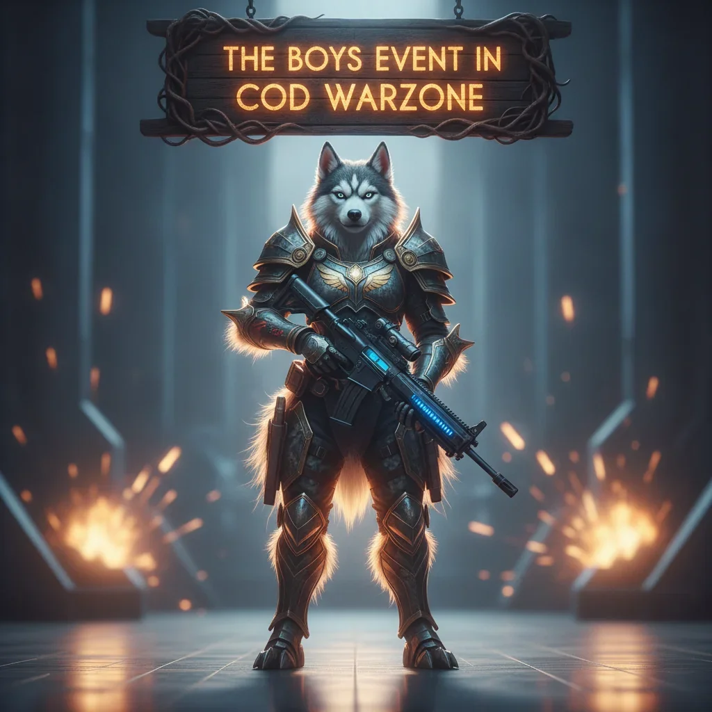 An anthropomorphic Husky character in heroic fantasy armor stands ready, representing a special "The Boys" themed seasonal event and its challenges in a fantasy setting.