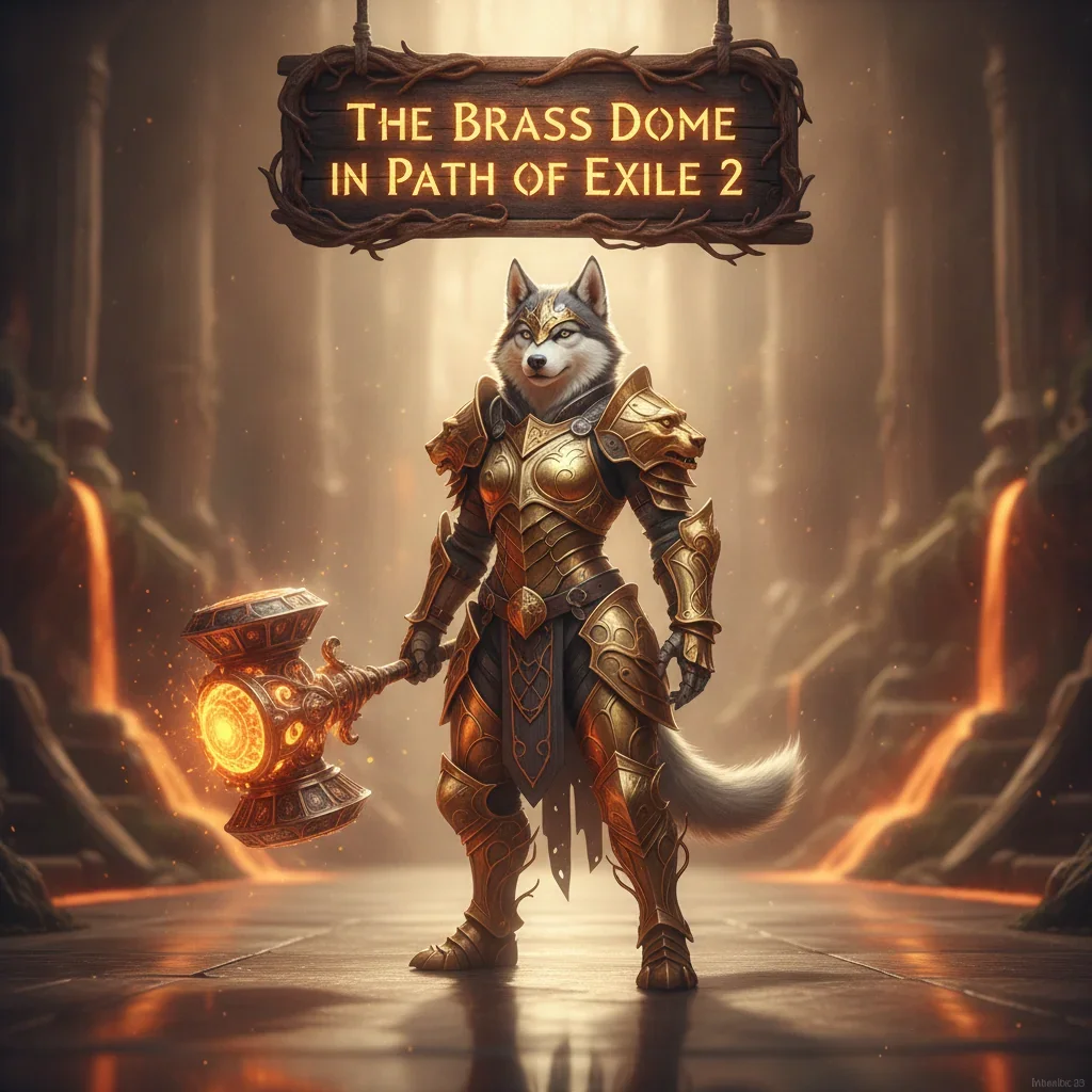 Anthropomorphic Husky in fantasy armor within a dark, game environment, representing Path of Exile 2's Brass Dome content and build objectives.