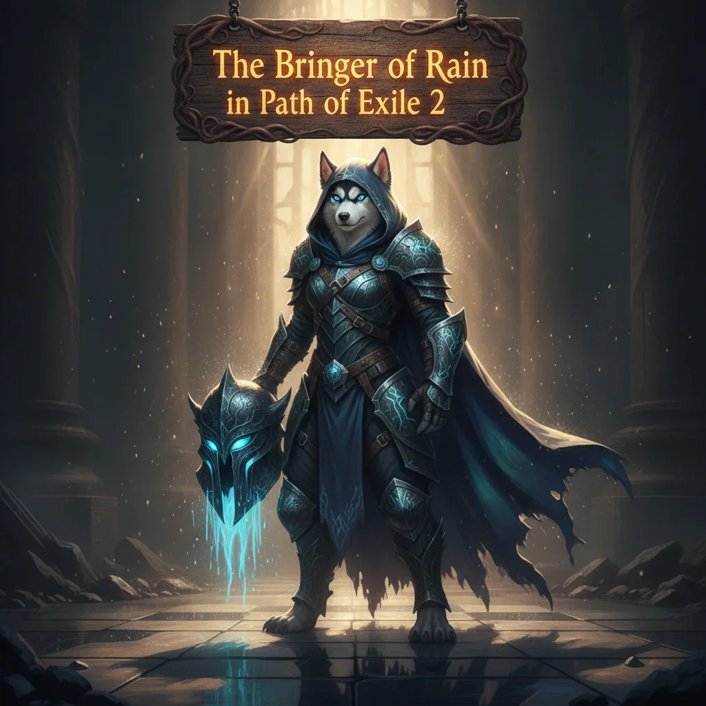 An anthropomorphic husky character in elaborate fantasy armor, set in a Path of Exile 2 inspired dark, atmospheric environment, representing advanced character build optimization content.