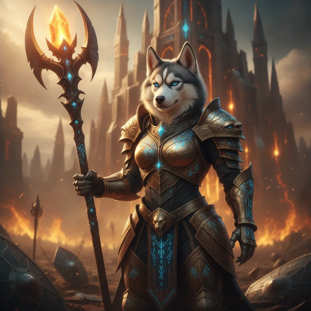 Fantasy artwork of an anthropomorphic Husky character, themed around the burden of leadership in Path of Exile 2, with a dark, challenging game environment.