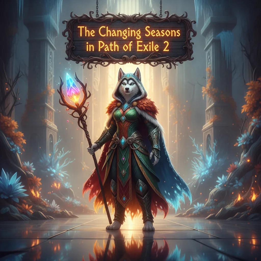Fantasy artwork featuring an anthropomorphic Husky character in armor, representing Path of Exile 2's changing seasons and seasonal content updates.