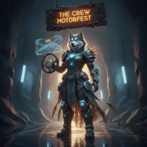 Anthropomorphic Husky character in fantasy race gear, artwork inspired by The Crew Motorfest boosting services.