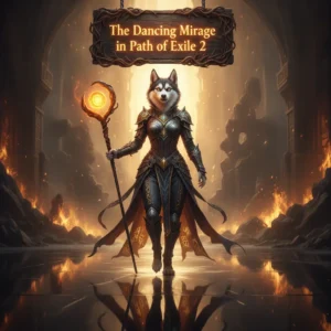An anthropomorphic Husky character in fantasy attire, against a magical fantasy background, representing content related to The Dancing Mirage Boost in Path of Exile 2.