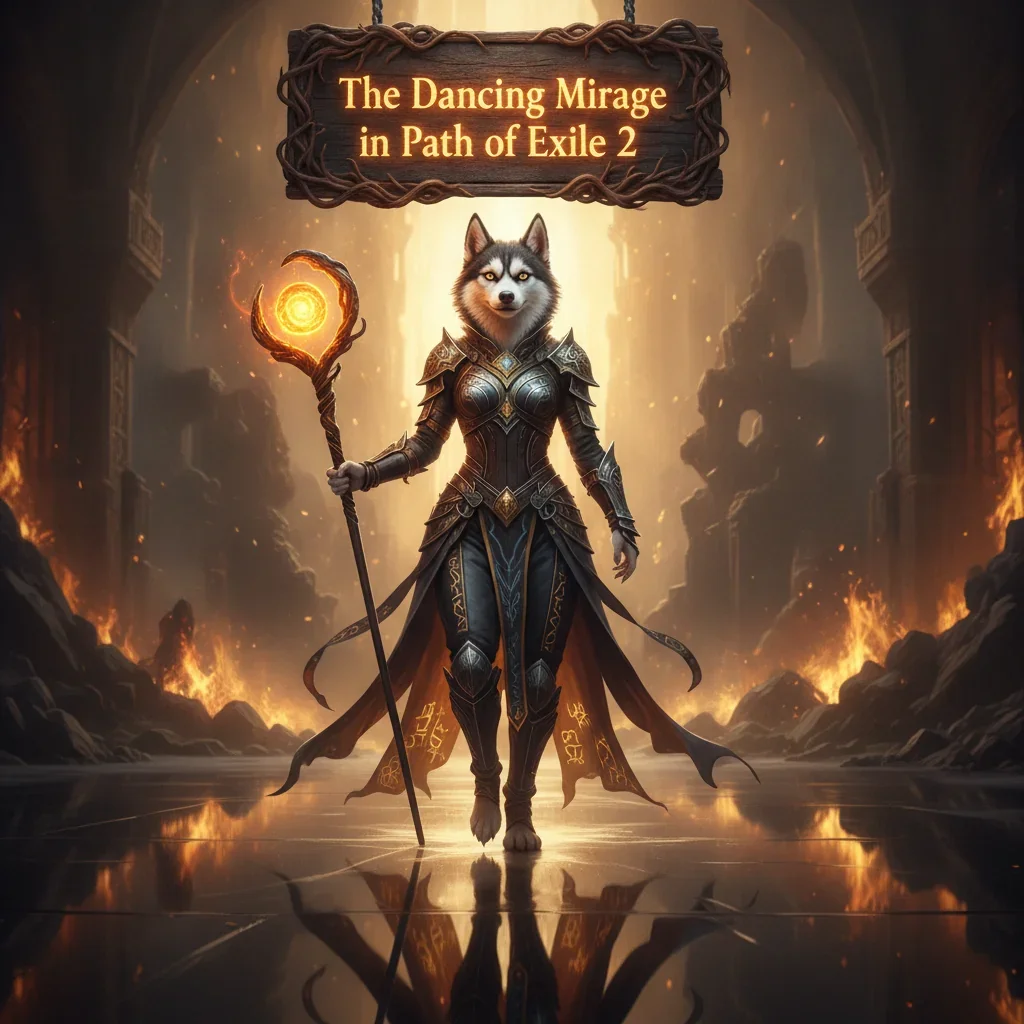 An anthropomorphic Husky character in fantasy attire, against a magical fantasy background, representing content related to The Dancing Mirage Boost in Path of Exile 2.