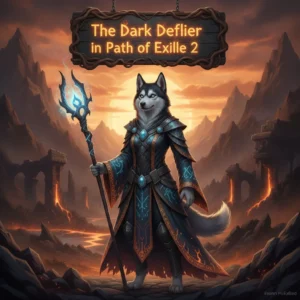 Fantasy game-inspired artwork featuring an anthropomorphic Husky character in armor, representing Dark Deflier challenges and progression content in Path of Exile 2.
