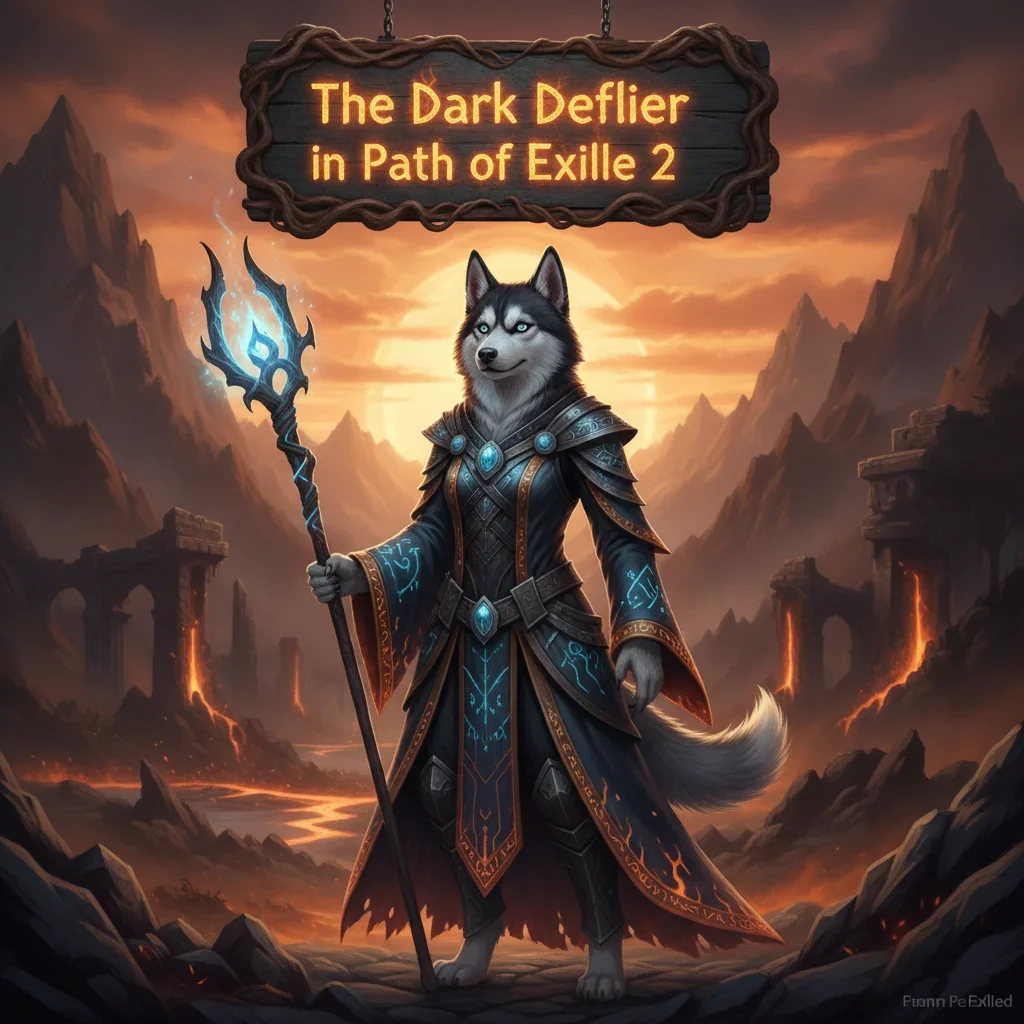 Fantasy game-inspired artwork featuring an anthropomorphic Husky character in armor, representing Dark Deflier challenges and progression content in Path of Exile 2.