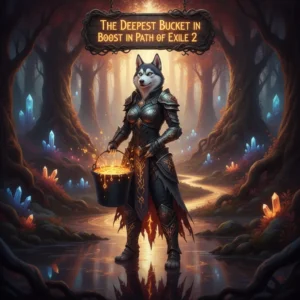 An anthropomorphic husky character in detailed fantasy armor stands in a dark, glowing game-inspired environment, representing ultimate progression content in Path of Exile 2.
