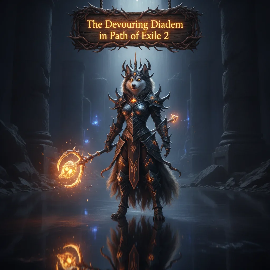 Artwork for Path of Exile 2, featuring an anthropomorphic Husky in fantasy armor. It represents The Devouring Diadem Boost and character gear progression content.