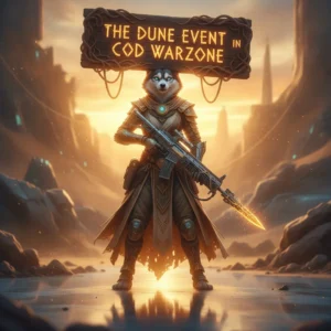 Anthropomorphic husky character in fantasy artwork, wearing a themed outfit in a desert environment. The art is inspired by Call of Duty Warzone's Dune Event content, representing its challenges.