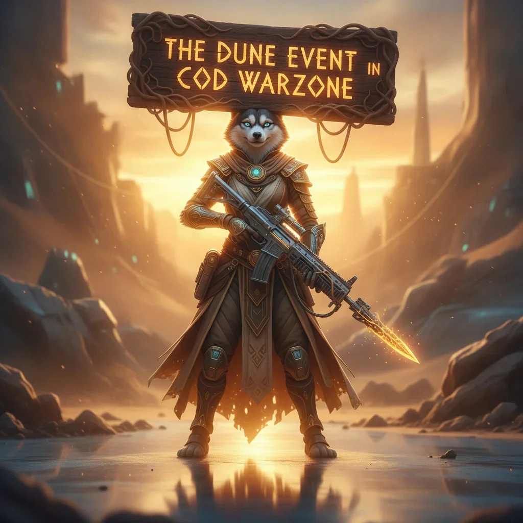Anthropomorphic husky character in fantasy artwork, wearing a themed outfit in a desert environment. The art is inspired by Call of Duty Warzone's Dune Event content, representing its challenges.
