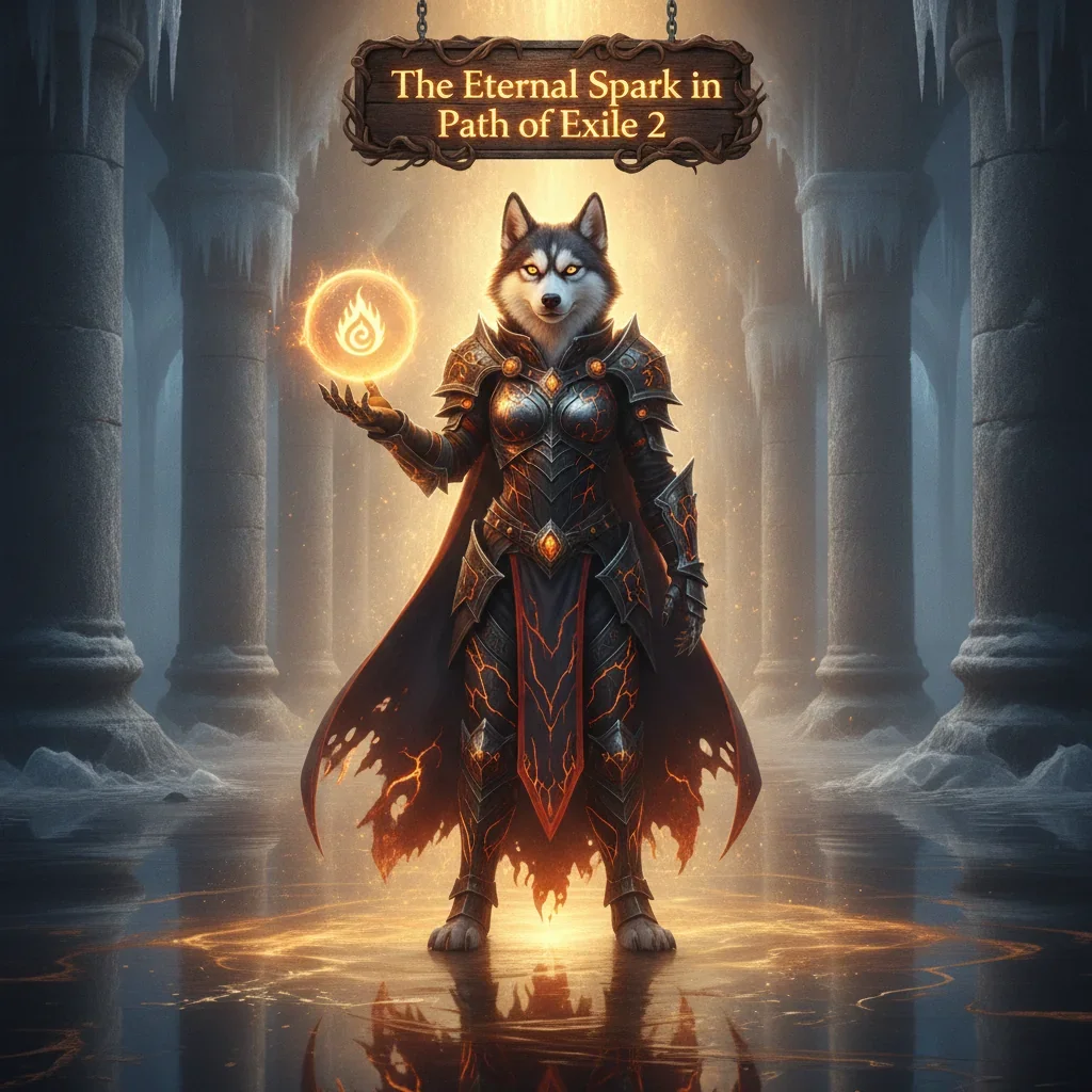 Fantasy artwork depicting an anthropomorphic Husky character in mystical attire, themed around the Eternal Spark Boost content and power enhancement in Path of Exile 2.