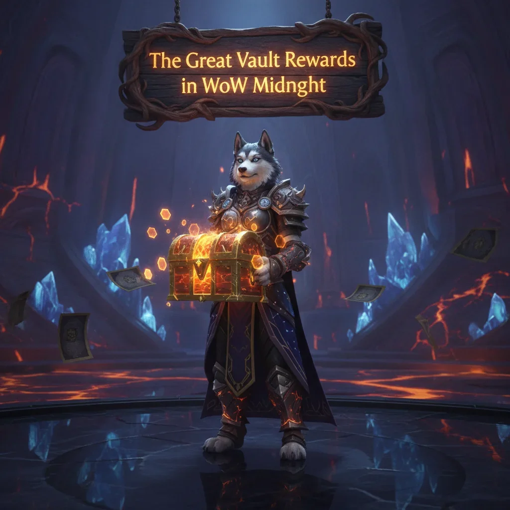 Anthropomorphic husky character in fantasy armor stands before a glowing Great Vault, representing the acquisition of reward bundles in a mystical game setting.