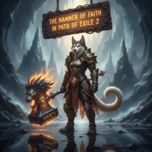 Fantasy artwork featuring an anthropomorphic Husky character in armor, representing the Hammer of Faith Boost in Path of Exile 2, set in a dark, game-inspired environment, themed around skill enhancement content.