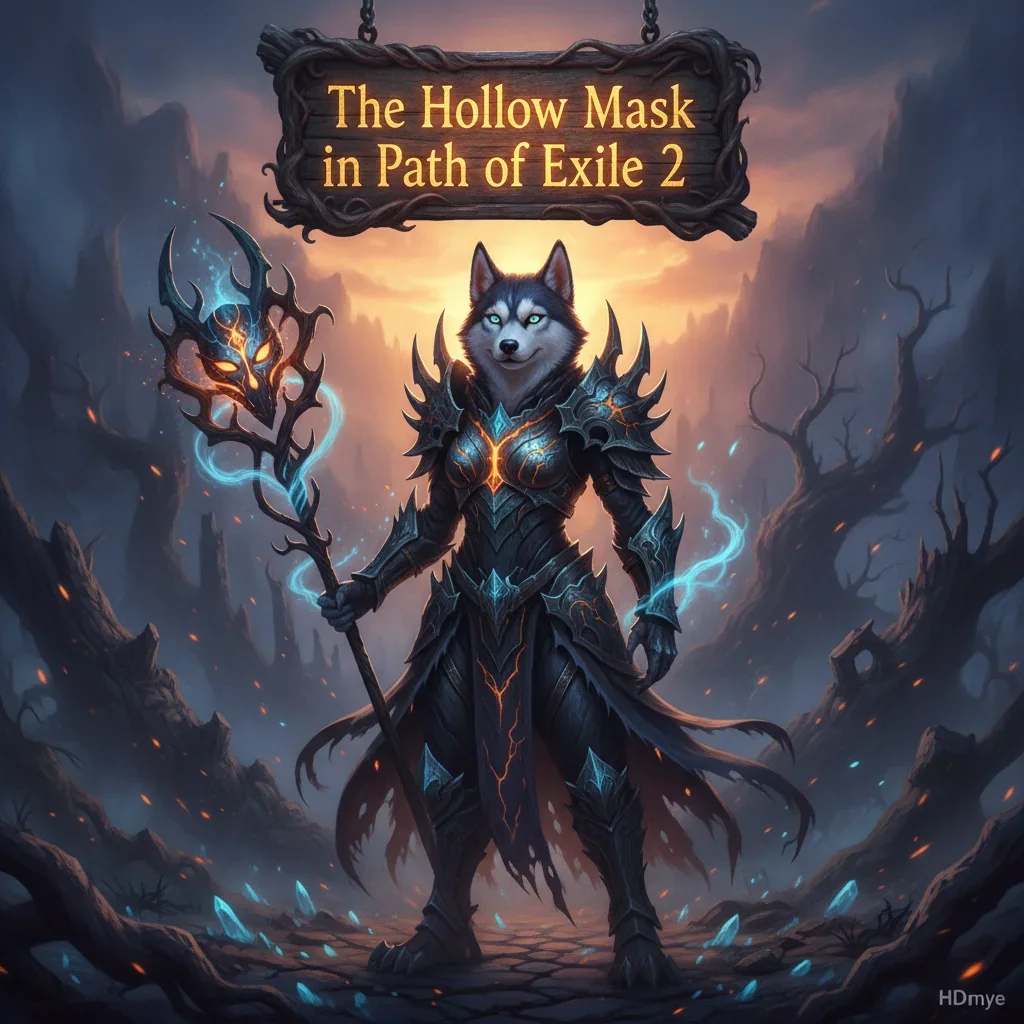 Fantasy artwork featuring an anthropomorphic Husky character in armor, themed around Hollow Mask objectives and content in Path of Exile 2.